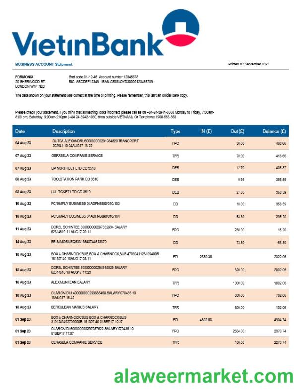Vietin Bank firm account statement Word and PDF template